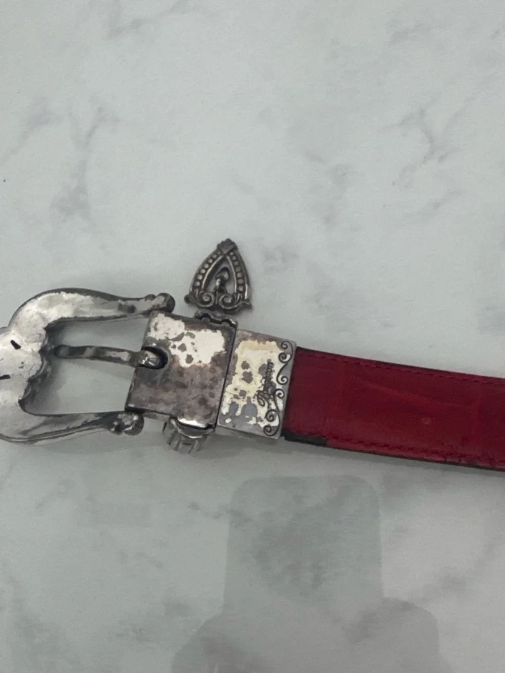 Silver-Tone Ornate Western Belt Buckle with red black Leather Strap